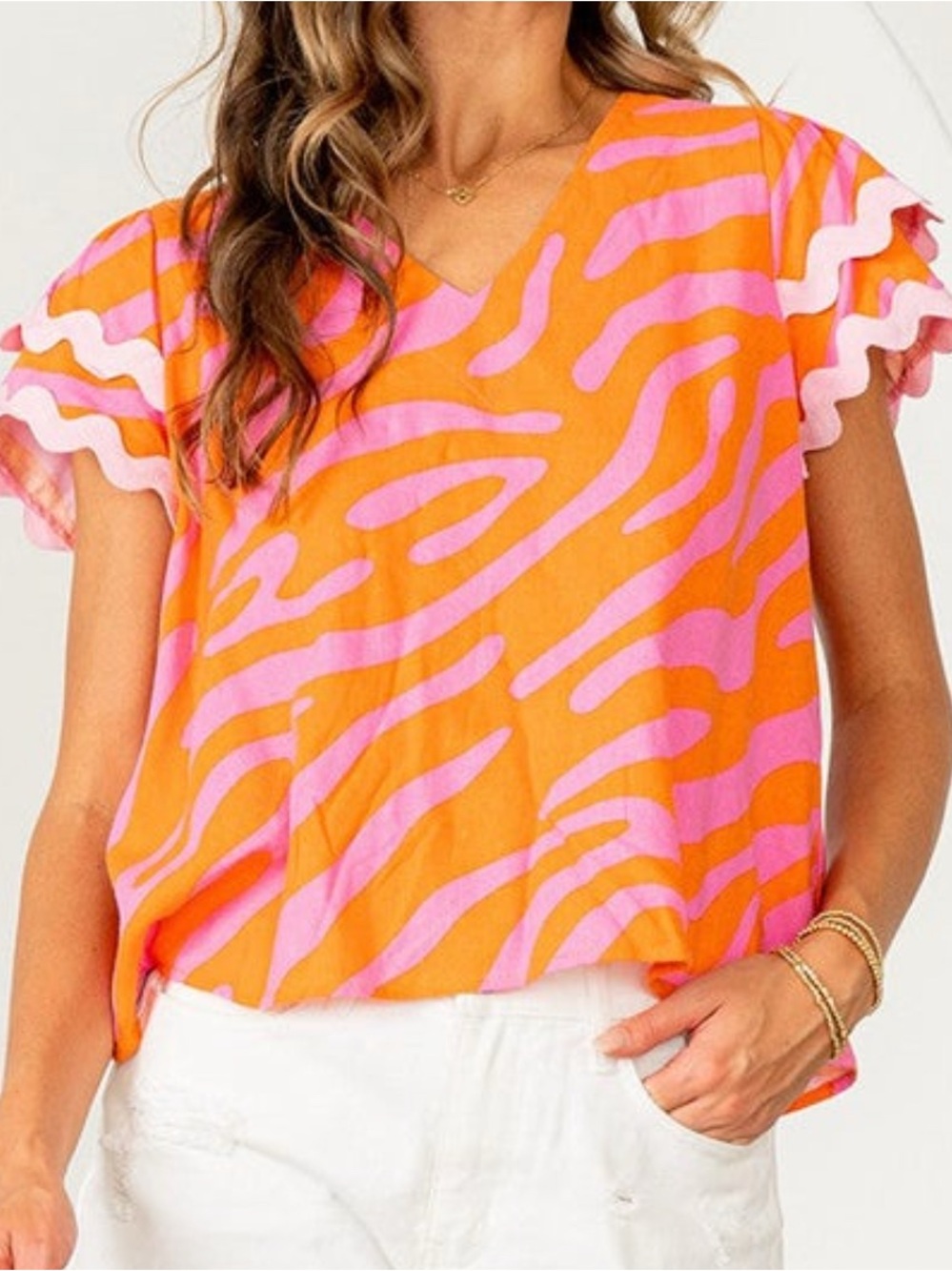 Women's Orange & Pink V-Neck Ruffle Sleeve Top - nwot